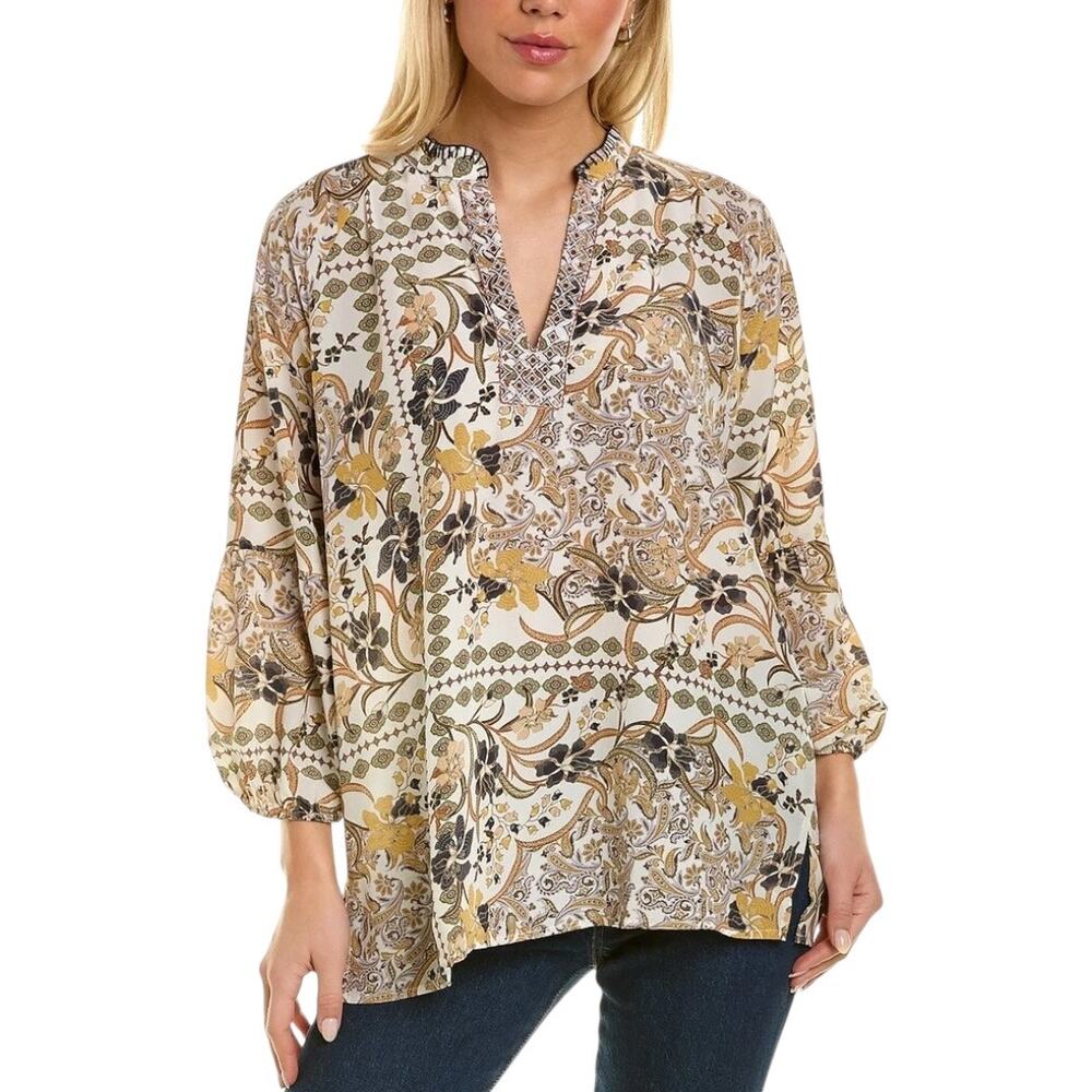 Johnny Was Phoenix Tunic Top XS Silk Floral Boho Print Purple Blue Gold V-Neck